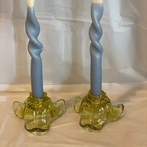 2 Vintage glass Yellow Candle holders